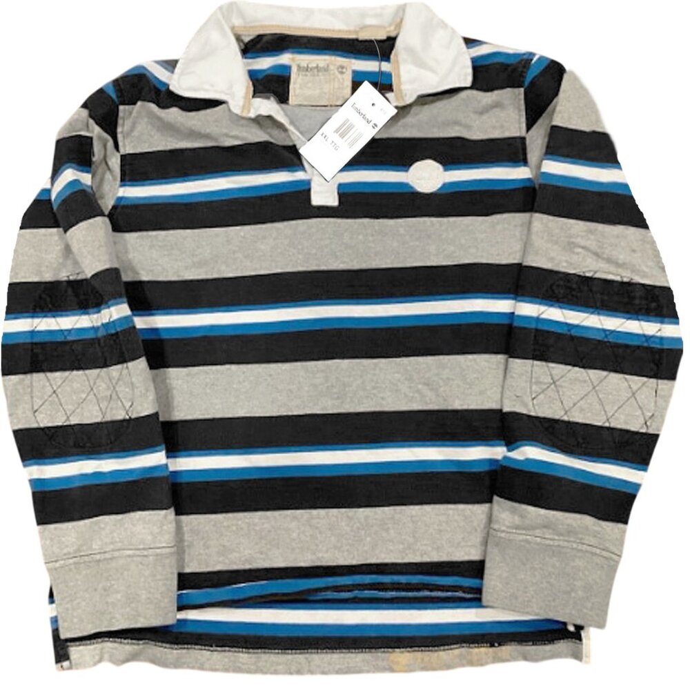 NEW Vintage Timberland Rugby Shirt! Blue Black White Stripes Tree Patch on Chest